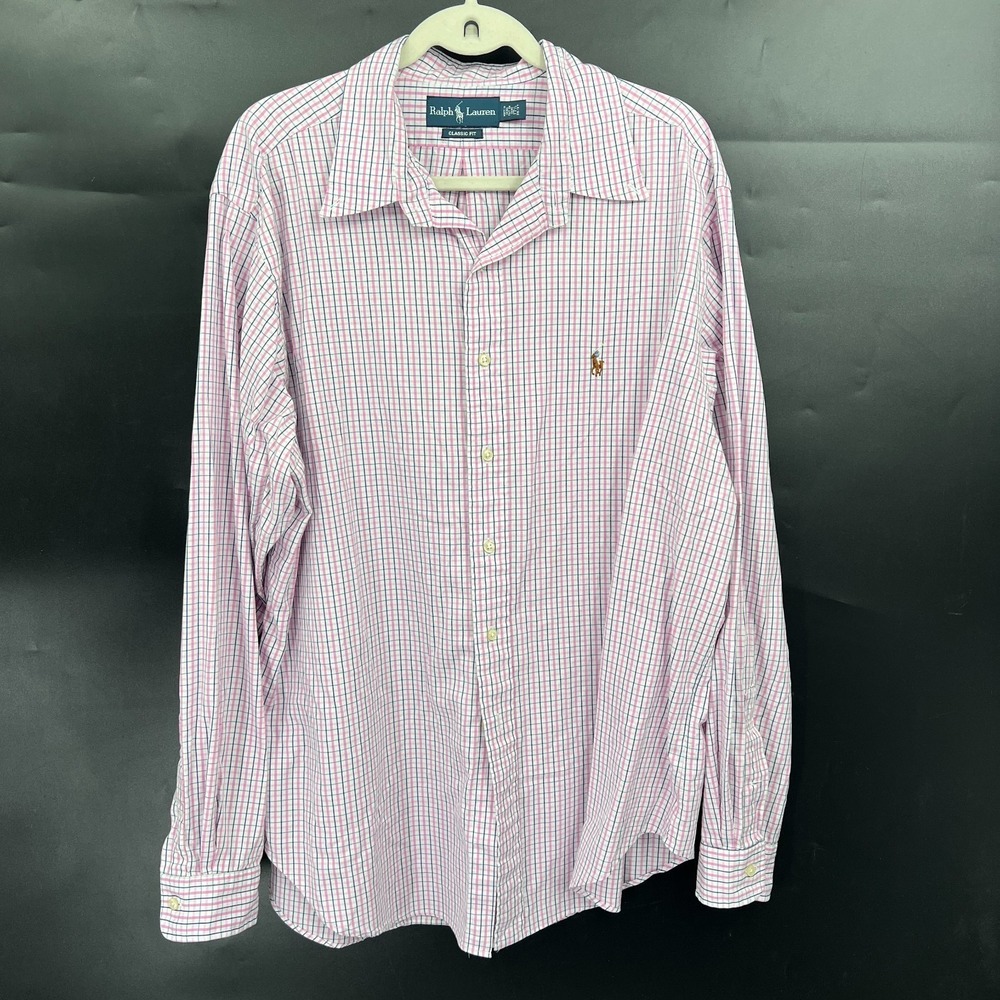 Ralph Lauren classic fit embroidered pony logo pink checker shirt preppy 17.5